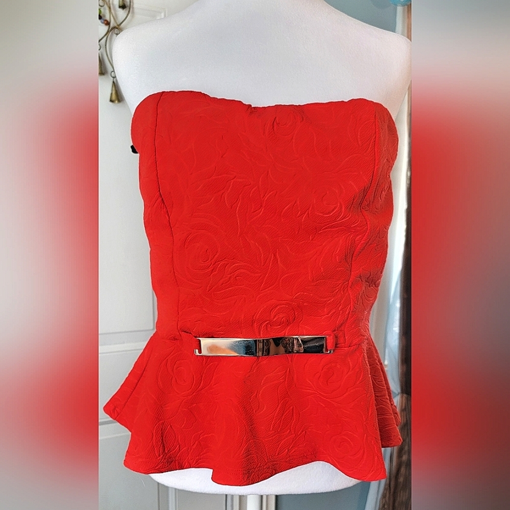 Y2K Strapless Peplum Top w/ Gold Wa Accent Womens 1X Red Embossed Rose By Blush